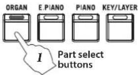 ORGAN E.PIANO PIANO KEY/LAYER 1 Part select buttons