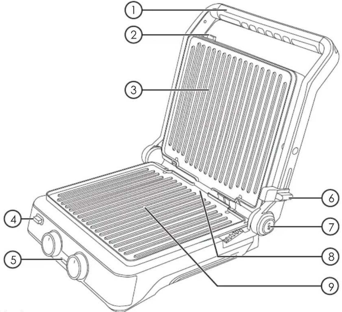 Labeled diagram of a portable electric heater with numbered parts for identification