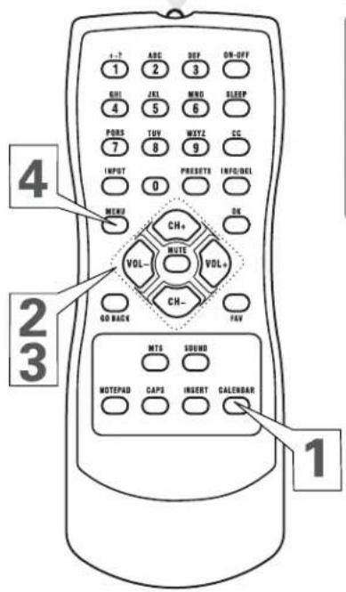 4 2 3 1 1-7 ABC DEF ON-OFF 1 2 3 GRI JXL MNO SLEEP 4 5 6 PORS TUV WXYZ CC 7 8 9 INPUT PRESETS INFO/DEL 0 MEN2 OK CH+ MOLE VOL- VOL- CH- GO BACK FAV MTS SOUND MOTEPAD CAPS INSERT CALENDAR 1