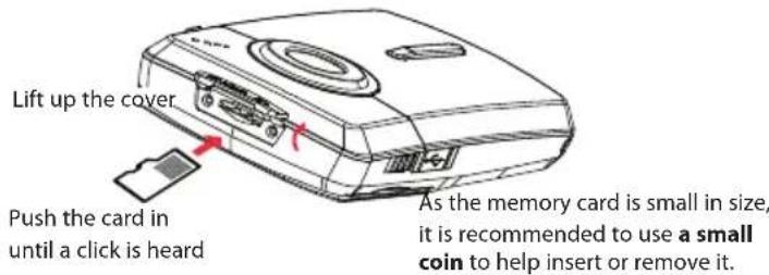 Lift up the cover Push the card in until a click is heard As the memory card is small in size, it is recommended to use a small coin to help insert or remove it.
