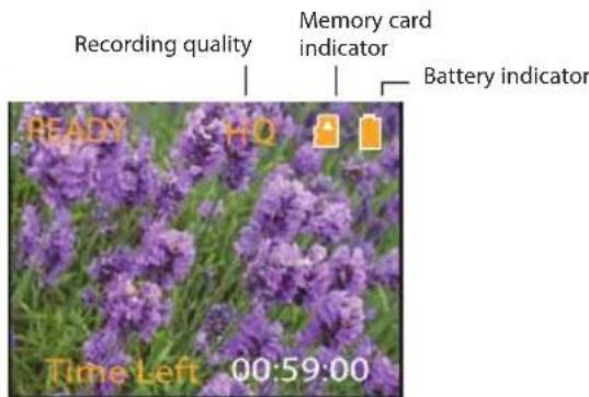Recording quality Memory card indicator Battery indicator READY HQ Time Left 00:59:00