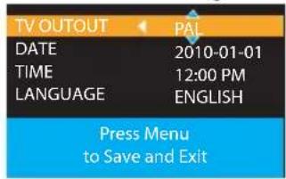 TV OUTOUT DATE 2010-01-01 TIME 12:00 PM LANGUAGE ENGLISH Press Menu to Save and Exit