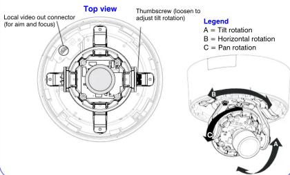 Top view Local video out connector (for aim and focus) Thumb screw (loosen to adjust tilt rotation) Legend A = Tilt rotation B = Horizontal rotation C = Pan rotation