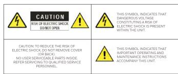 CAUTION RISK OF ELECTRIC SHOCK DO NOT OPEN THIS SYMBOL INDICATES THAT DANGEROUS VOLTAGE CONSTITUTING A RISK OF ELECTRIC SHOCK IS PRESENT WITHIN THE UNIT CAUTION: TO REDUCE THE RISK OF ELECTRIC SHOCK DO NOT REMOVE COVER (OR BACK). NO USER SERVICEABLE PARTS INSIDE REFER SERVICING TO QUALIFIED SERVICE PERSONNEL. THIS SYMBOL INDICATES THAT IMPORTANT OPERATING AND MAINTENANCE INSTRUCTIONS ACCOMPANY THIS UNIT.