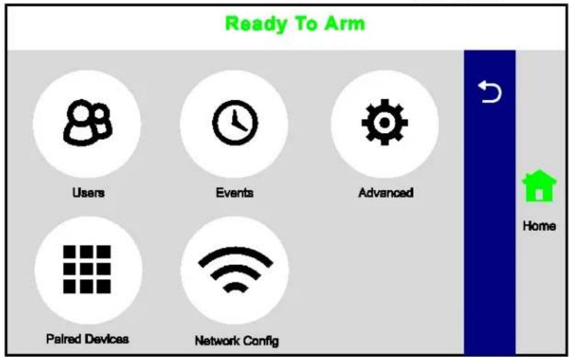 Ready To Arm Users Events Advanced Paired Devices Network Config Home
