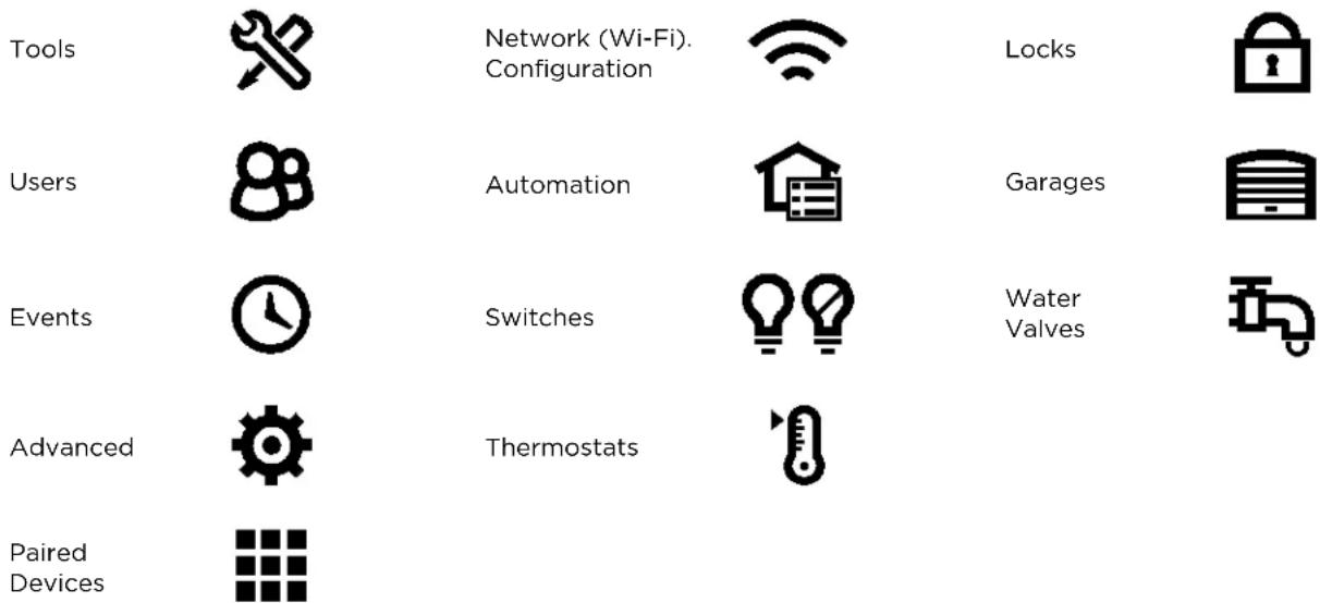 Tools Network (Wi-Fi). Configuration Locks Users Automation Garages Events Switches Water Valves Advanced Thermostats Paired Devices