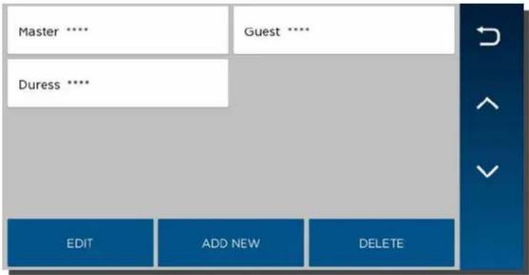 Master **** Guest **** Duress **** EDIT ADD NEW DELETE