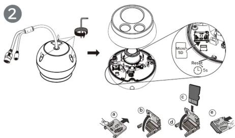 Diagram illustrating a device assembly process with labeled components and a magnified view of internal components.