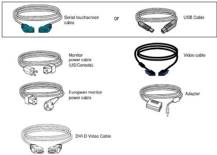 Serial touchscreen cable or USB Cable Monitor power cable (US/Canada) Video cable European monitor power cable Adapter DVI-D Video Cable