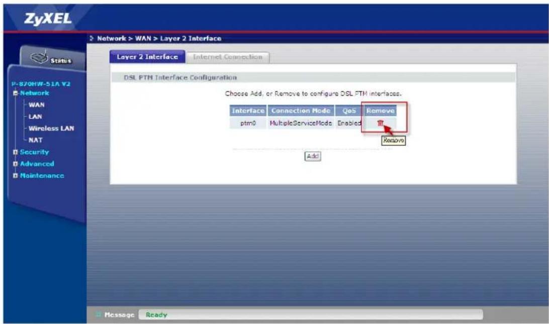 ZyXEL Network > WAN > Layer 2 Interface Status P-870HW-51A V2 Network WAN LAN Wireless LAN NAT Security Advanced Maintenance Layer 2 Interface Internet Connection DSL PTM Interface Configuration Choose Add, or Remove to configure DSL PTM interfaces. Interface Connection Mode QoS Remove ptm0 MultipleServiceMode Enabled Remove Add Message Ready