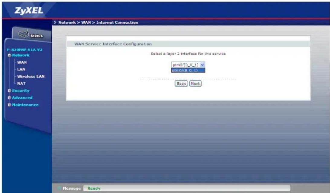 ZyXEL Network > WAN > Internet Connection Status P-870HW-51A V2 Network WAN LAN Wireless LAN NAT Security Advanced Maintenance WAN Service Interface Configuration Select a layer 2 interface for this service ptm0/(0_0_1) stm0/(0_0_1) Back Next Message Ready