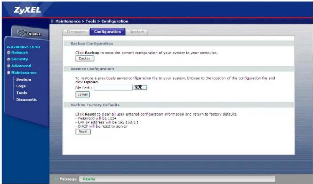 ZyXEL Maintenance > Tools > Configuration Status P-870HW-51A V2 Network Security Advanced Maintenance System Logs Tools Diagnostic Firmware Configuration Restart Backup Configuration Click Backup to save the current configuration of your system to your computer. Backup Restore Configuration To restore a previously saved configuration file to your system, browse to the location of the configuration file and click Upload. File Path : Update... Upload Back to Factory Defaults Click Reset to clear all user-entered configuration information and return to factory defaults. - Password will be 1234 - LAN IP address will be 192.168.1.1 - DHCP will be reset to server Reset Message Ready