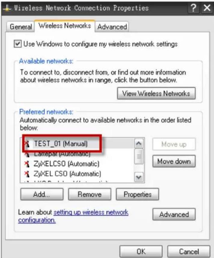 Wireless Network Connection Properties General Wireless Networks Advanced Use Windows to configure my wireless network settings Available networks: To connect to, disconnect from, or find out more information about wireless networks in range, click the button below. View Wireless Networks Preferred networks: Automatically connect to available networks in the order listed below: TEST_01 (Manual) Lattepar (Automatic) ZyXELCSO (Automatic) ZyXEL CSO (Automatic) Move up Move down Add... Remove Properties Learn about setting up wireless network configuration. Advanced OK Cancel