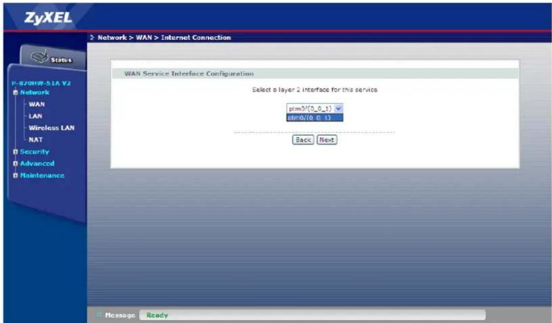 ZyXEL Network > WAN > Internet Connection Status P-870HW-51A V2 Network WAN LAN Wireless LAN NAT Security Advanced Maintenance WAN Service Interface Configuration Select a layer 2 interface for this service ptm0/(0_0_1) atm0/(0_0_1) Back Next Message Ready