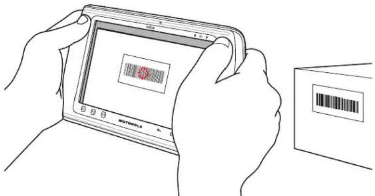Illustration showing hands holding a tablet displaying a barcode with a red circular mark, next to a barcode box.