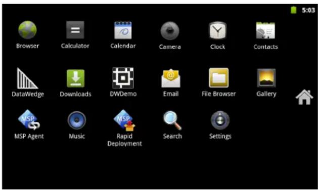 Browser Calculator Calendar Camera Clock Contacts DataWedge Downloads DWDemo Email File Browser Gallery MSP Agent Music Rapid Deployment Search Settings 5:03