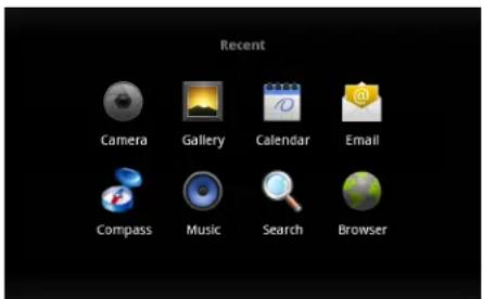 Recent Camera Gallery Calendar Email Compass Music Search Browser