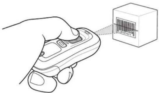 Diagram showing a hand holding a barcode scanner with a barcode box attached to it, illustrating scanning or data linking.
