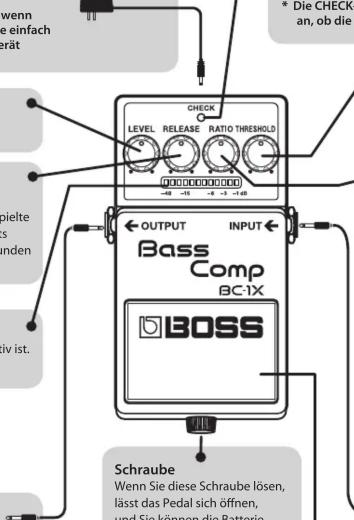 wenn e einfach erät * Die CHECK- an, ob die CHECK LEVEL RELEASE RATIO THRESHOLD OUTPUT INPUT Bass Comp BC-1X BOSS Schraube Wenn Sie diese Schraube lösen, lässt das Pedal sich öffnen, und Sie können die Batterie