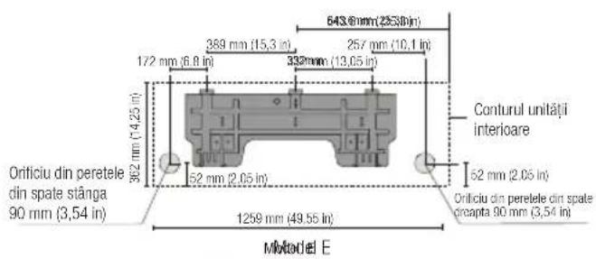 643.6mm (255.0in) 257 mm (10,1 in) 389 mm (15,3 in) 172 mm (6,8 in) 332mm (13,05 in) Conturul unității interioare Orificiu din peretele din spate stânga 90 mm (3,54 in) 362 mm (4,25 in) 52 mm (2,05 in) 52 mm (2,05 in) Orificiu din peretele din spate crapta 90 mm (3,54 in) 1259 mm (49,55 in) Miotodel E