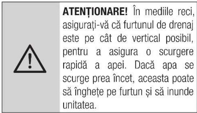 ATENȚIONARE! În mediile reci, asigurați-vă că furtunul de drenaj este pe cât de vertical posibil, pentru a asigura o scurgere rapidă a apei. Dacă apa se scurge prea încet, aceasta poate să înghețe pe furtun și să inunde unitatea.