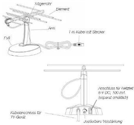 Irdegemohr Element Arm Fuß 1 m Kabel mit Stecker Kabelanschluss für TV-Gerät Anschluss für Netzfeilt 6 V DC, 100 mA (separat omäglich) Justikbare Vorstärkung