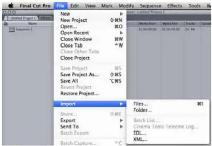 Final Cut Pro File Edit View Mark Modify Sequence Effects Tools New New Project ⬆N Open... ⬆O Open Recent > Close Window ⬆W Close Tab ^W Close Other Tabs Close Project Save Project ⬆S Save Project As... ⬆S Save All ℃S Revert Project Restore Project... Import Share... ⬆E Export > Send To > Batch Export > Batch Capture... ^C Files... Folder... Batch List... Cinema Tools Telecine Log... EDL... XML...