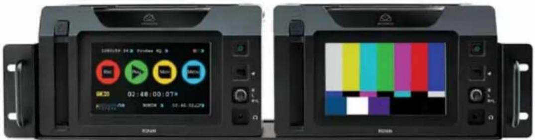 Two black electronic devices displaying a digital audio workstation with playback controls and a color-coded spectrum display.