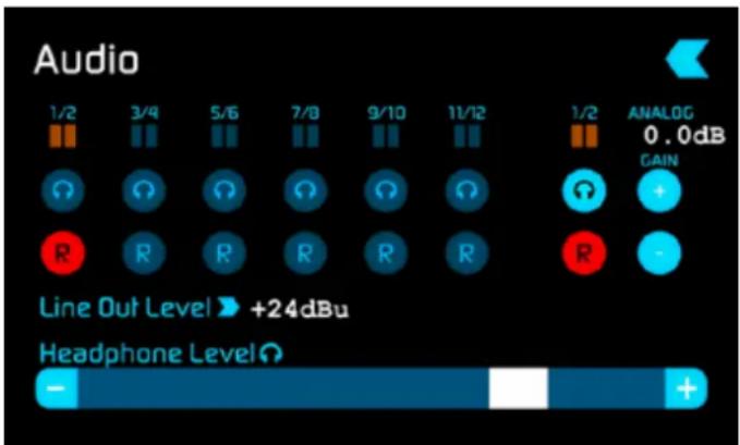 Audio 1/2 3/4 5/6 7/8 9/10 11/12 1/2 ANALOG 0.0dB GAIN R R R R R R R Line Out Level ▶ +24dBu Headphone Level Ω - +