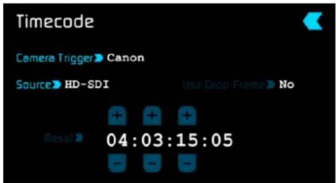 Timecode Camera Trigger > Canon Source > HD-SDI Use Drop Frame > No Reset > 04:03:15:05