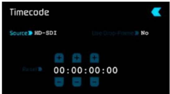 Timecode Source> HD-SDI Use Drop-Frame No Reset 00:00:00:00