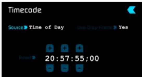 Timecode Source ▶ Time of Day Use Drop Frame ▶ Yes Reset ▶ 20:57:55:00