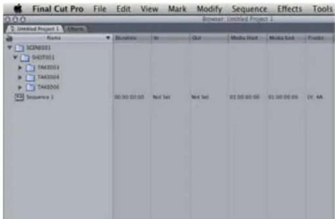 Final Cut Pro File Edit View Mark Modify Sequence Effects Tools Browser: Untitled Project 1 Untitled Project 1 Options Name Dimensions Not Out Media Work Media Set Tools SCIN8003 SADT001 TAKE001 TAKE004 TAKE006 Sequence 1 00:00:00:00 Not Set Not Set 01:00:00:00 01:00:00:00 IV, AA