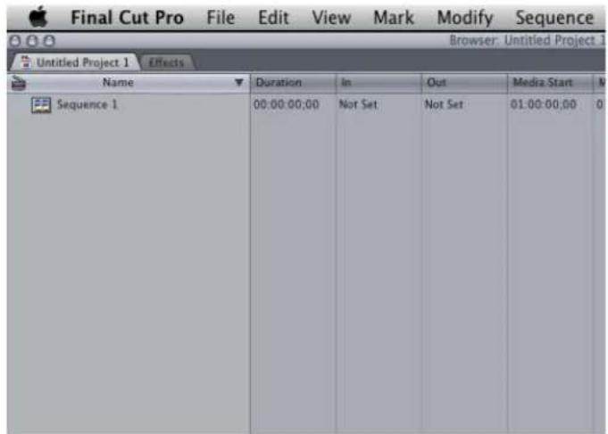 Final Cut Pro File Edit View Mark Modify Sequence Untitled Project 1 Effects Name Duration In Out Media Start Sequence 1 00:00:00:00 Not Set Not Set 01:00:00:00 0