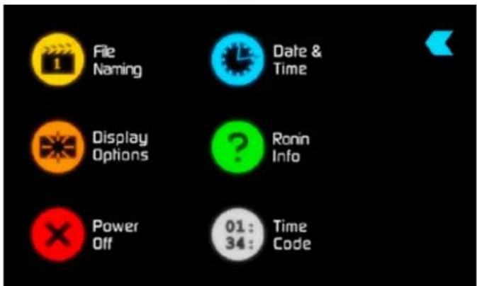 File Naming Date & Time Display Options ? Ronin Info Power Off 01: 34: Time Code
