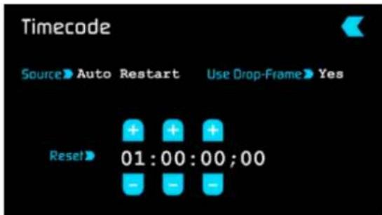 Timecode Source Auto Restart Use Drop-Frame Yes Reset 01:00:00;00