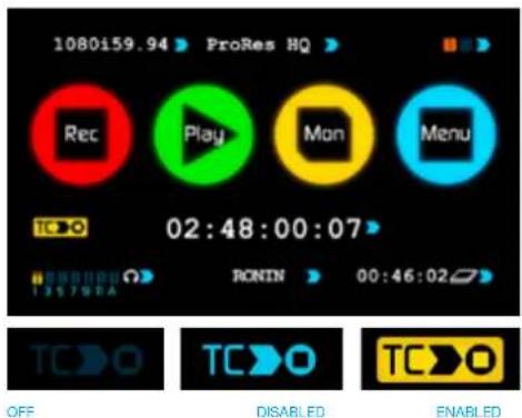1080i59.94 ProRes HQ Rec Play Mon Menu 02:48:00:07 RONTIN 00:46:02 TCO OFF TCO Disabled TCO ENABLED