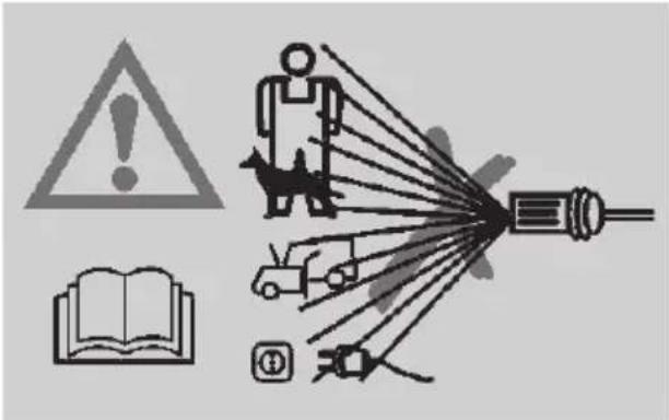 Warning symbol and diagram showing warning, warning sign, open book, person, car, plug, and battery with rays radiating from a device