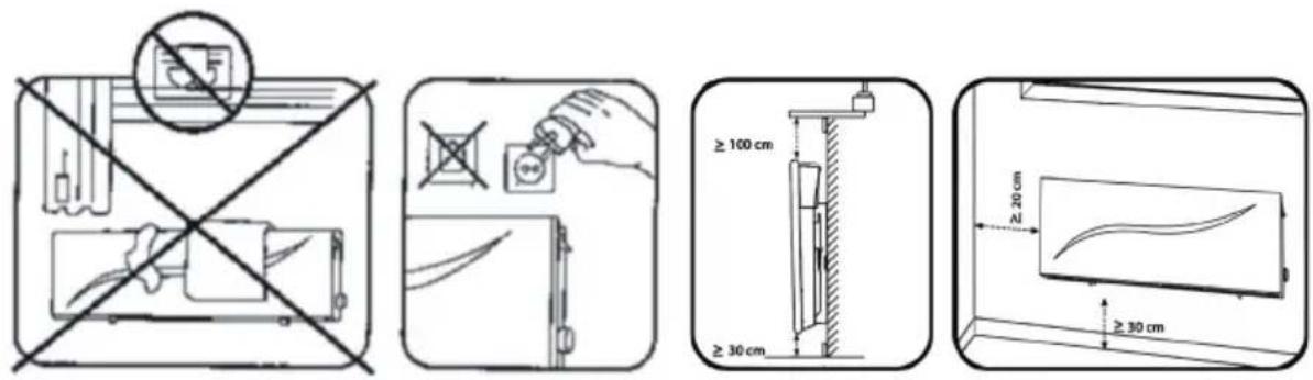 Technical diagram illustrating four different installation or testing procedures with labeled dimensions: no warning symbol, switch, measuring height, and a waveform display.
