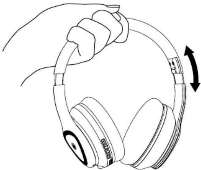 Line drawing of a hand gripping a pair of outdoor headphones with a scroll wheel (no text or symbols)