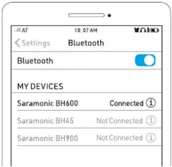 AT 10:07 AM Settings Bluetooth Bluetooth MY DEVICES Saramonic BH600 Connected ⓘ Saramonic BH45 Not Connected ⓘ Saramonic BH900 Not Connected ⓘ
