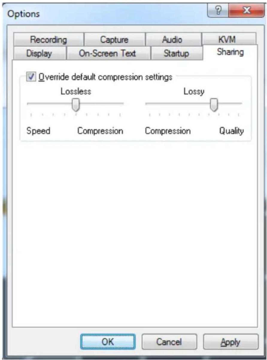 Options Recording Capture Audio KVM Display.On-Screen Text Startup Sharing Override default compression settings Lossless Lossy Speed Compression Compression Quality OK Cancel Apply