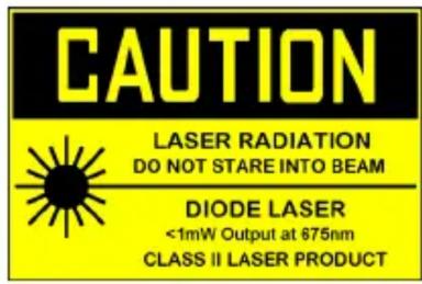 CAUTION LASER RADIATION DO NOT STARE INTO BEAM DIODE LASER <1mW Output at 675nm CLASS II LASER PRODUCT