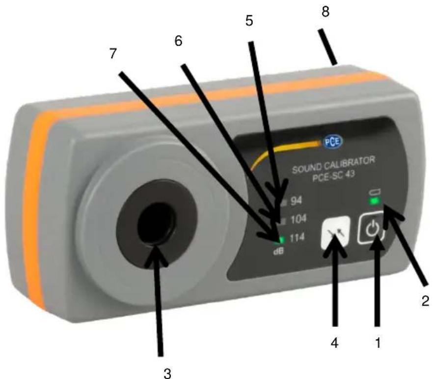 PCE SOUND CALIBRATOR PCE-SC 43 94 104 114 dB 2 3 4 1 7 6 5 8