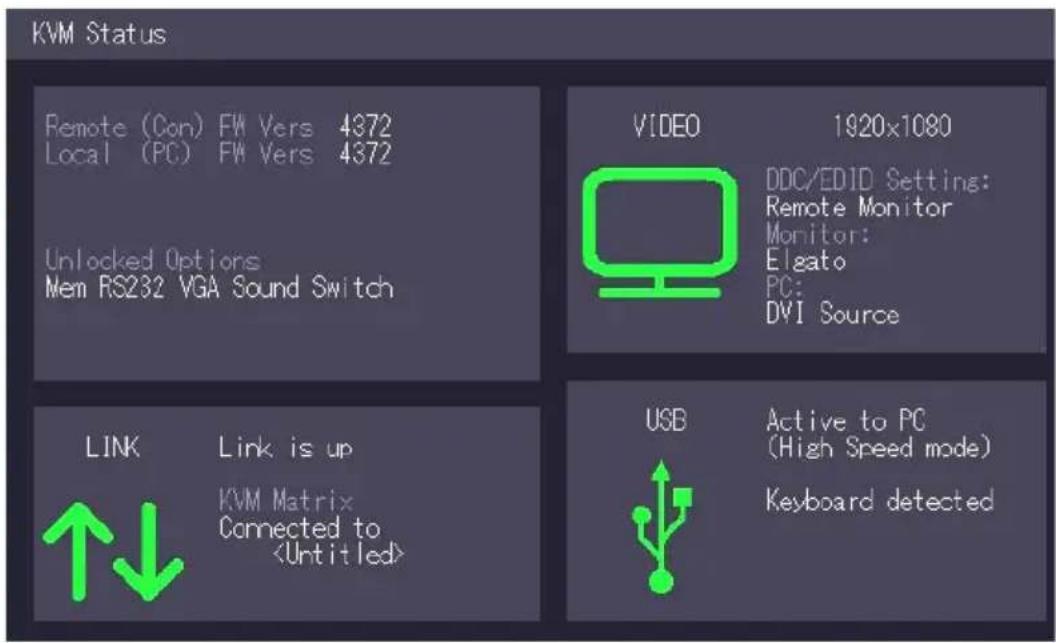 KVM Status Remote (Con) FW Vers 4372 Local (PC) FW Vers 4372 Unlocked Options Mem RS232 VGA Sound Switch VIDEO 1920x1080 DDC/EDID Setting: Remote Monitor Monitor: Elgato PC: DVI Source LINK Link is up KVM Matrix Connected to USB Active to PC (High Speed mode) Keyboard detected