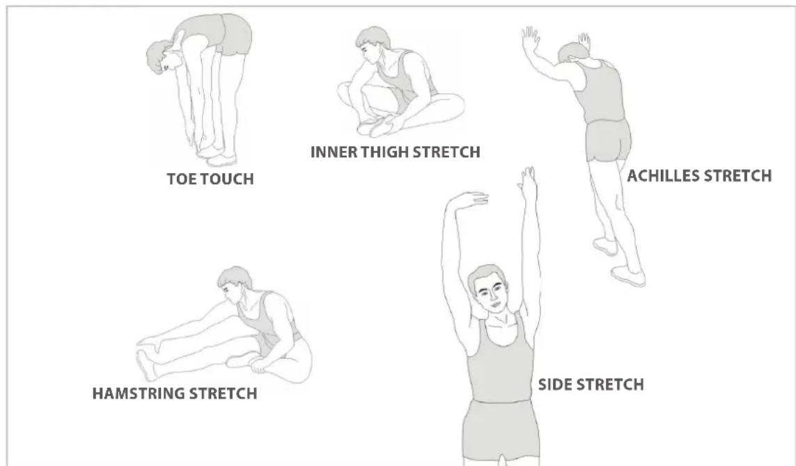 TOE TOUCH INNER THIGH STRETCH ACHILLES STRETCH HAMSTRING STRETCH SIDE STRETCH