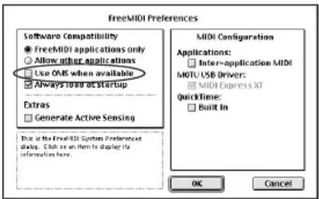 FreeMIDI Preferences Software Compatibility ● FreeMIDI applications only ○ Allow other applications □ Use OMS when available ☑ Always load at startup Extras □ Generate Active Sensing This is the FreeMIDI System Preferences dialog. Click as an Item to display its information here. MIDI Configuration Applications: □ Inter-application MIDI MOTU USB Driver: ☑ MIDI Express XT QuickTime: □ Built In OK Cancel