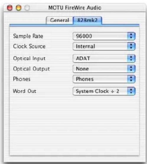 MOTU FireWire Audio General 828mk2 Sample Rate 96000 Clock Source Internal Optical Input ADAT Optical Output None Phones Phones Word Out System Clock ÷ 2