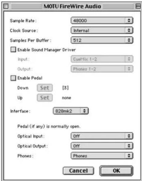 MOTU FireWire Audio Sample Rate: 48000 Clock Source: Internal Samples Per Buffer: 512 Enable Sound Manager Driver Input: CueMix 1-2 Output: Phones 1-2 Enable Pedal Down Set [3] Up Set none Interface: 828mk2 Pedal (if any) is normally open. Optical Input: Off Optical Output: Off Phones: Phones Cancel OK