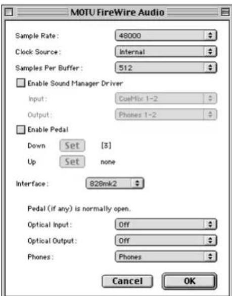 MOTU FireWire Audio Sample Rate: 48000 Clock Source: Internal Samples Per Buffer: 512 Enable Sound Manager Driver Input: CoeMix 1-2 Output: Phones 1-2 Enable Pedal Down Set [3] Up Set none Interface: 828mk2 Pedal (if any) is normally open. Optical Input: Off Optical Output: Off Phones: Phones Cancel OK